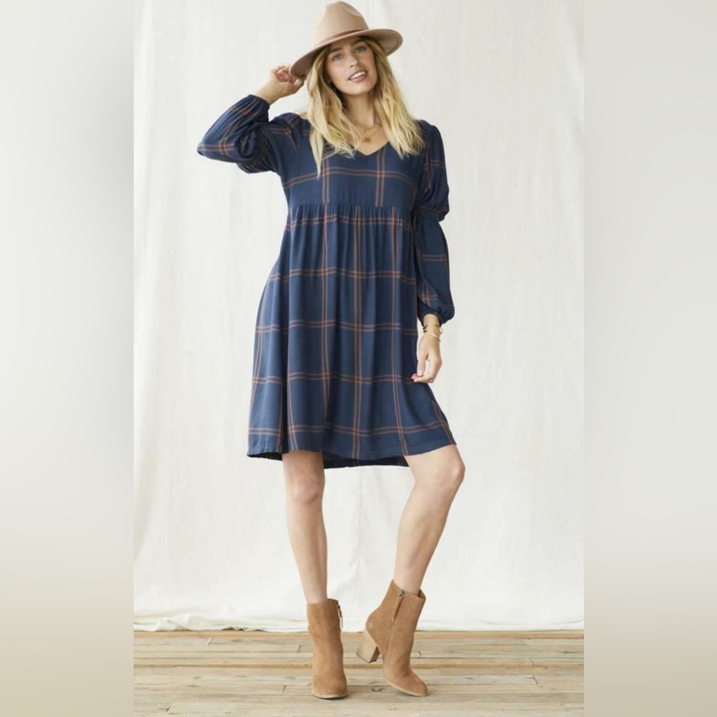 Nwt Medium Matilda Jane Blue Brown Just Imagine Silvi Windowpane Fall Dress